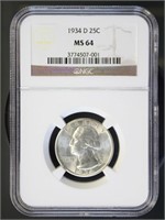US Coins 1934-D Washington Quarter MS64 NGC