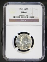 US Coins 1936-S Washington Quarter MS64 NGC