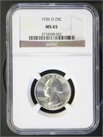 US Coins 1936-D Washington Quarter MS65 NGC