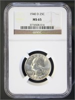 US Coins 1940-D Washington Quarter MS65 NGC
