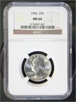 US Coins 1942 Washington Quarter MS64 NGC