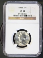 US Coins 1943-S Washington Quarter MS66 NGC