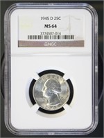 US Coins 1945-D Washington Quarter MS64 NGC
