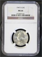 US Coins 1947-D Washington Quarter MS64 NGC