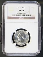 US Coins 1952 Washington Quarter MS64 NGC