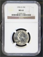 US Coins 1955-D Washington Quarter MS62 NGC