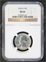 US Coins 1963-D Washington Quarter MS64 NGC
