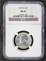 US Coins 1964-D Washington Quarter MS64 NGC