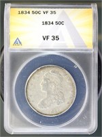 US Coins 1834 Capped Bust Half Dollar VF35 ANACS