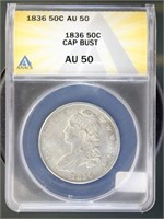 US Coins 1836 Capped Bust Half Dollar AU50 ANACS