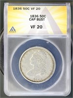 US Coins 1836 Capped Bust Half Dollar VF20 ANACS
