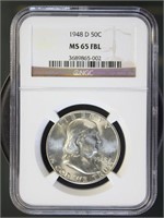 US Coins 1948-D Franklin Half Dollar MS65FBL NGC