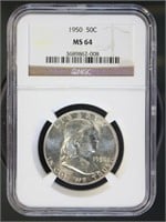 US Coins 1950 Franklin Half Dollar MS64 NGC