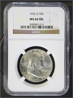 US Coins 1952-D Franklin Half Dollar MS64FBL NGC
