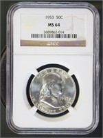 US Coins 1953 Franklin Half Dollar MS64 NGC