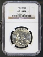 US Coins 1953-D Franklin Half Dollar MS65FBL NGC