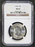 US Coins 1954 Franklin Half Dollar MS64 NGC
