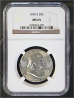 US Coins 1954-S Franklin Half Dollar MS65 NGC
