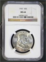 US Coins 1957 Franklin Half Dollar MS64 NGC