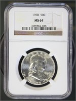 US Coins 1958 Franklin Half Dollar MS64 NGC
