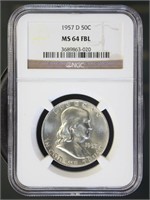 US Coins 1957-D Franklin Half Dollar MS64FBL NGC