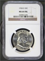 US Coins 1958-D Franklin Half Dollar MS64FBL NGC