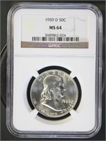 US Coins 1959-D Franklin Half Dollar MS64 NGC