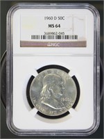 US Coins 1960-D Franklin Half Dollar MS64 NGC