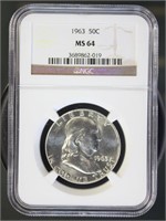 US Coins 1963 Franklin Half Dollar MS64 NGC