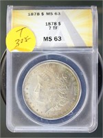 US Coins 1878 7 TF Morgan Silver Dollar MS63 ANACS