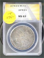 US Coins 1878-S Morgan Silver Dollar MS63 ANACS