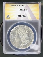 US Coins 1881-S Morgan Silver Dollar MS61 ANACS