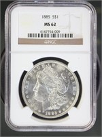 US Coins 1885 Morgan Silver Dollar MS62 NGC