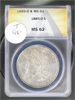 US Coins 1885-O Morgan Silver Dollar MS62 ANACS