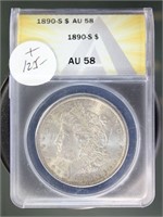 US Coins 1890-S Morgan Silver Dollar AU58 ANACS