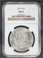 US Coins 1891-S Morgan Silver Dollar MS62 NGC