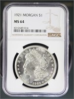 US Coins 1921 Morgan Silver Dollar MS64 NGC