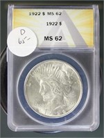 US Coins 1922 Peace Silver Dollar MS62 ANACS