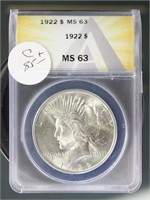 US Coins 1922 Peace Silver Dollar MS63 ANACS