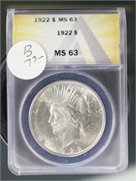 US Coins 1922 Peace Silver Dollar MS63 ANACS