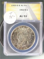 US Coins 1922-S Peace Silver Dollar AU53 ANACS