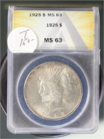 US Coins 1925 Peace Silver Dollar MS63 ANACS