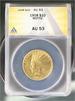 US Coins 1908 Motto Indian Gold Eagle $10 AU53 ANA
