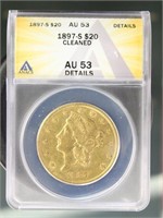 US Coins 1897-S Liberty Gold Double Eagle $20 AU53