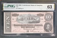 CSA Paper Money 1864 $10 T-68 CU63 (Pinhole) PMG