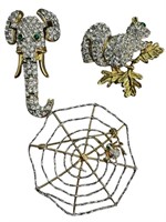 Swarovski Style Crystal Brooches, Spider, Squirrel