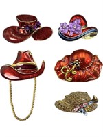 5 Enamel & Crystal Hat Brooches, Labelle