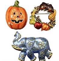 KC Fall, Pumpkin, Elephant Brooches