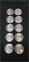 (10) 1955 Franklin Half Dollar Coins (90% Silver)