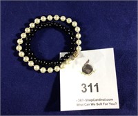 White Pearl Bracelet & Black Beaded elastic Brclet